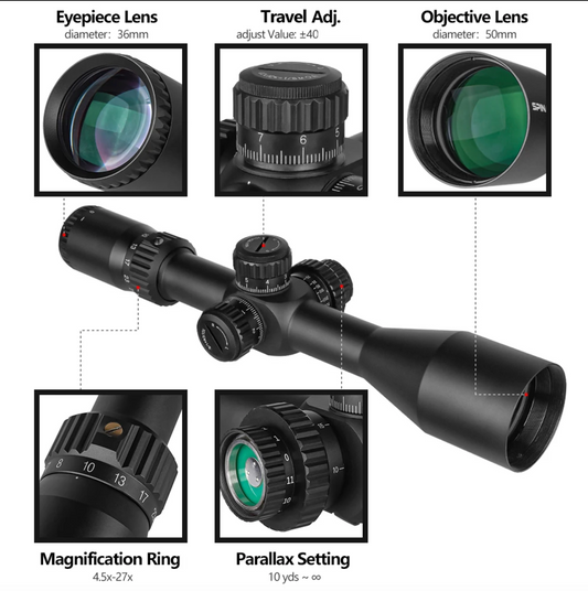 Spina Optics 4.5–27x50 FFP IR + Siktesringar