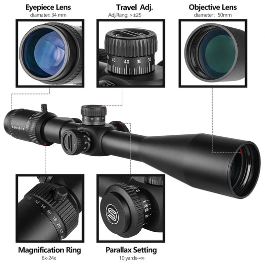 Spina Optics 6–24x50 FFP + Siktesringar