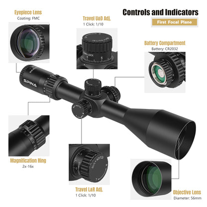 Spina Optics 2-16x56 FFP Kikarsikte + Siktesringar