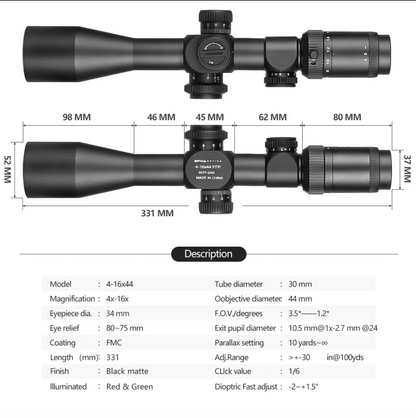 Spina Optics 4–16x44 SFIR FFP + Siktesringar