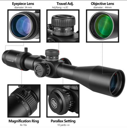 Spina Optics 4–16x44 SFIR FFP + Siktesringar