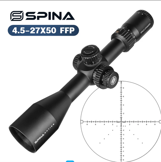 Spina Optics 4.5–27x50 FFP IR + Siktesringar